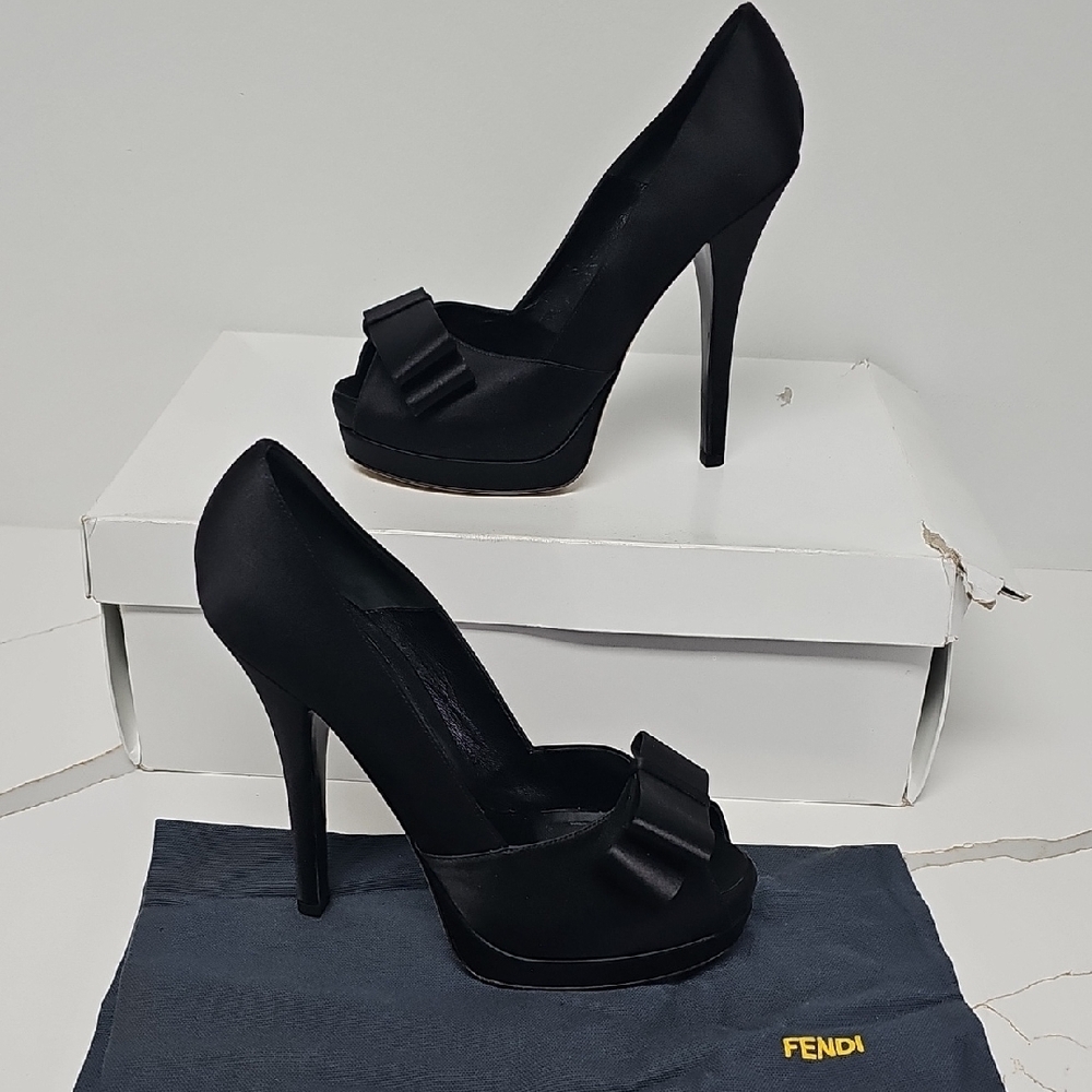 Fendi Satin Black Peep-Toe Heels with Bow